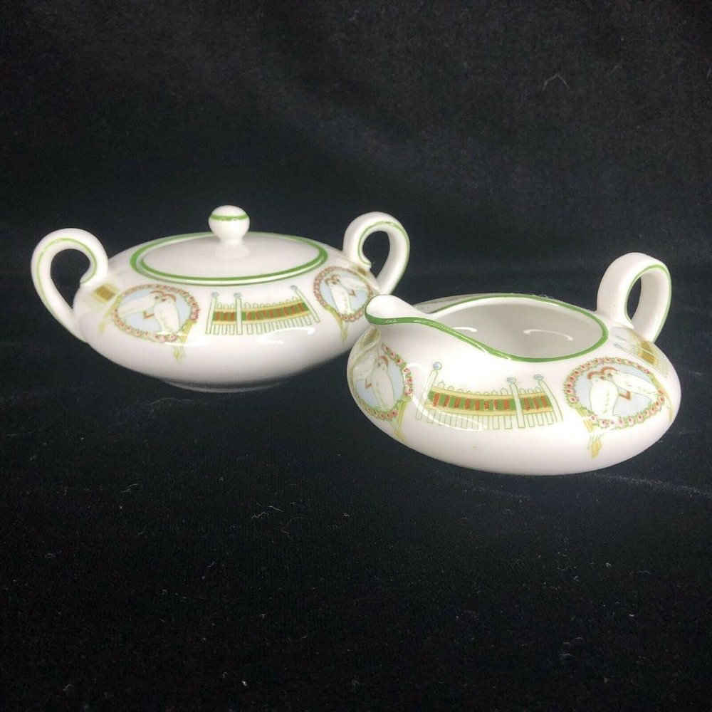 H & G Bavaria Heinrich Creamer and Covered Sugar‎ Bowl Set Art Deco Lovebirds